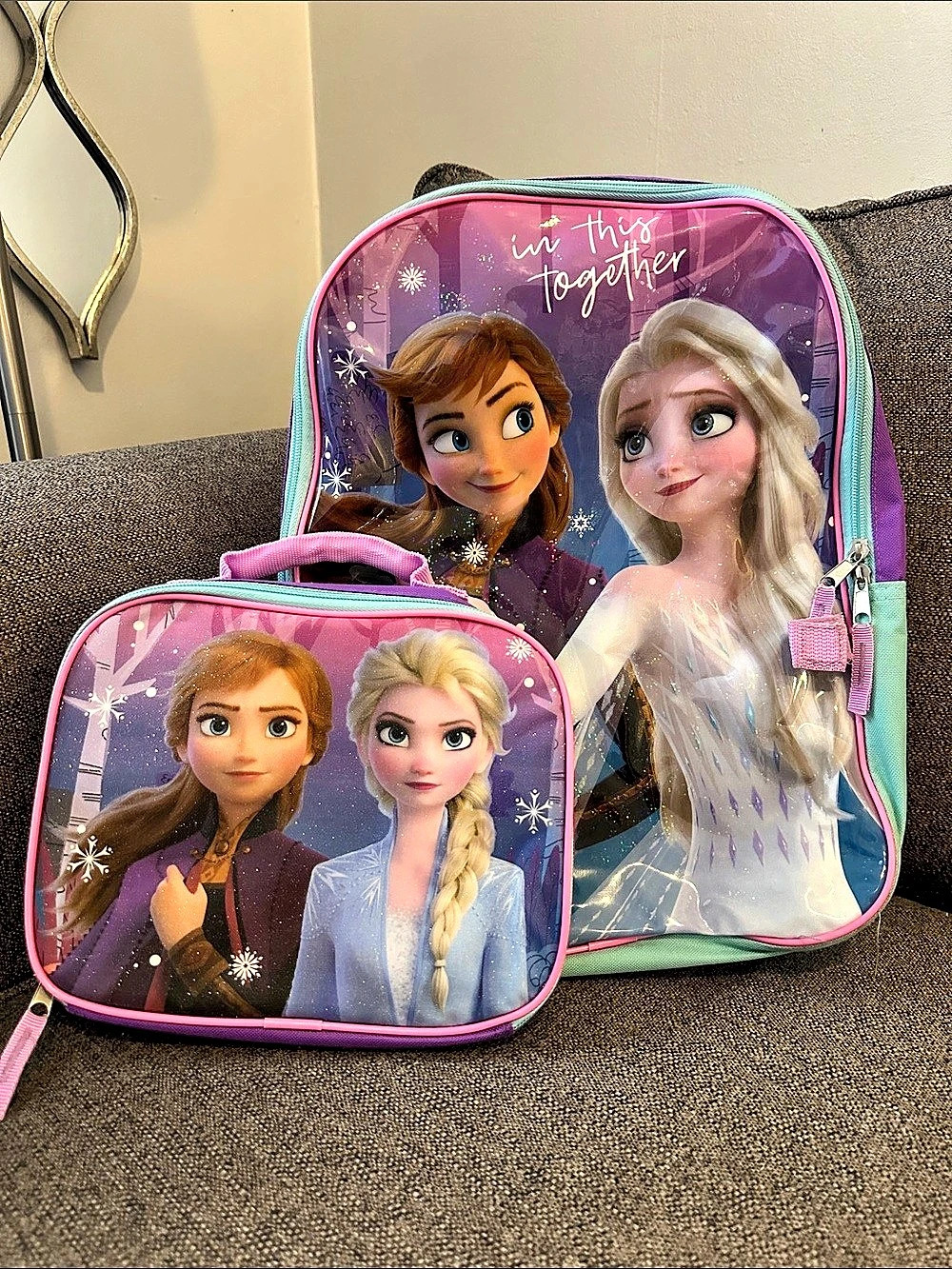 Disney Frozen Anna & Elsa backpack with matching pouch Purple & Blue